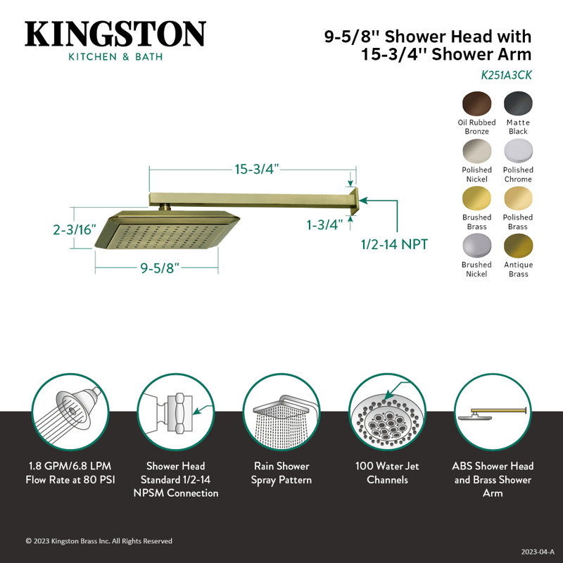 Kingston Brass Shower Scape 9-5/8-Inch Square Raindrop ABS Shower Head with 15-3/4-Inch Shower Arm, Polished Chrome