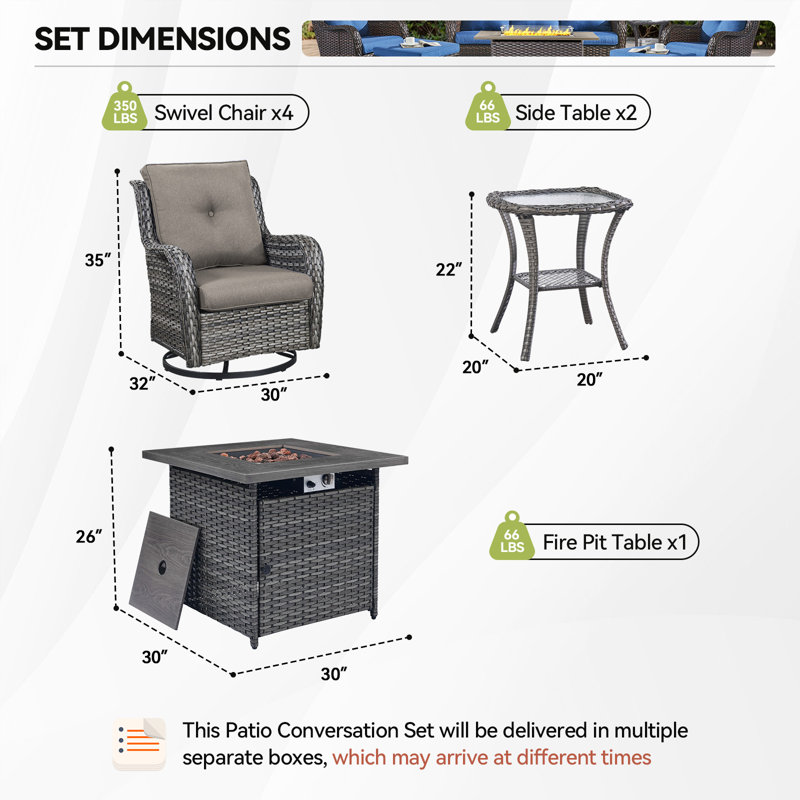 Ensemble de conversation d'extérieur 7 pièces avec 4 chaises pivotantes et 2 tables d'appoint Wendye, Gris, Gris