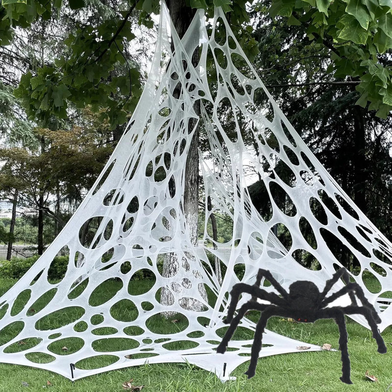 450 Sqft Spider Webs Gauze & 49in Spider Halloween Decorations Outdoor Stretchy Webs