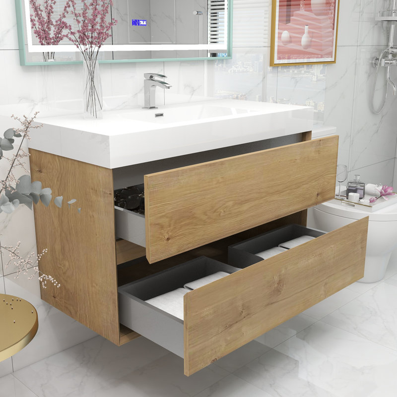 Ensemble de meuble-lavabo mural simple l 42 po Jaymarion, Chêne foncé