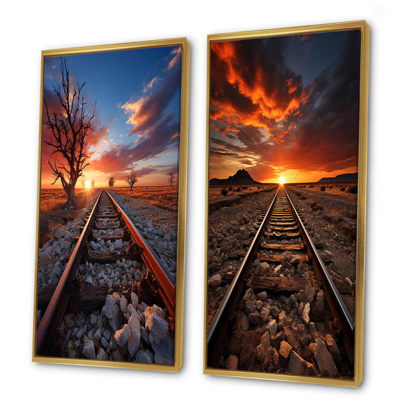 Chemin de fer au coucher du soleil - train, ensemble de 2 décorations murales, Cadre flottant doré, H 28 po x l 25 po