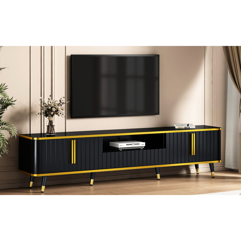 Meuble télé moderne avec tablette de rangement ouverte, compatible 85 po, armoires et tiroir, panneau de particules, rangement noir et doré, doré, tiroir