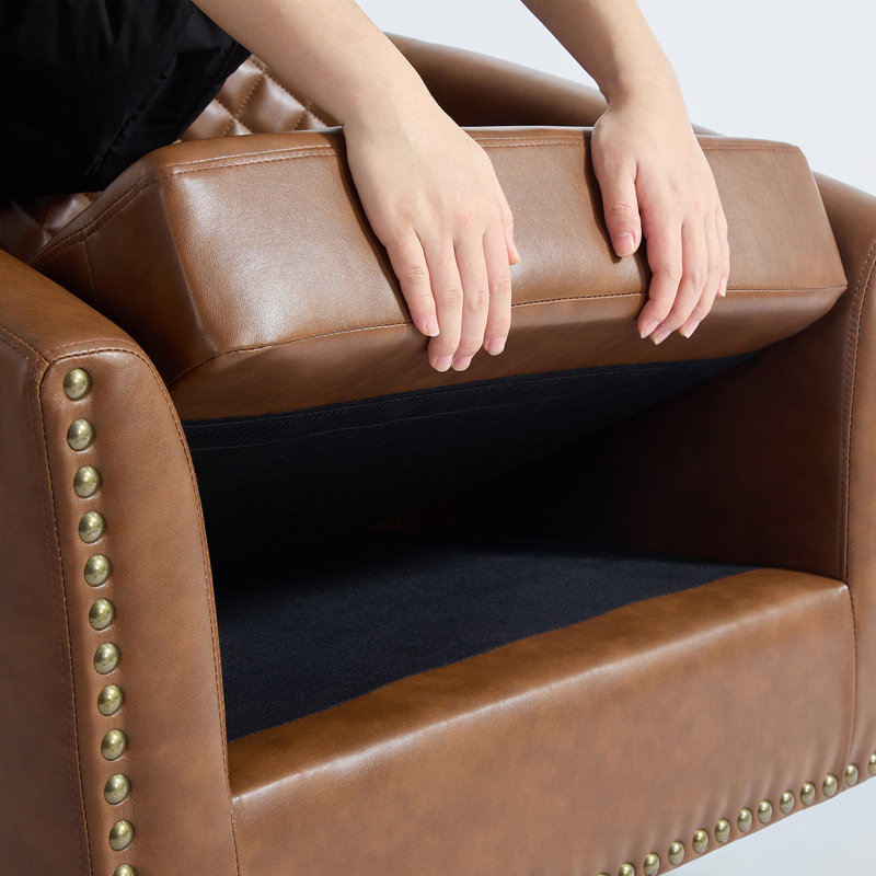 75.2Cm Wide Tufted Swivel Barrel Chair, Brown Faux Leather