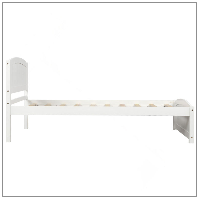 Lit plateforme en bois avec tête de lit, pied de lit et lattes en bois, Blanc