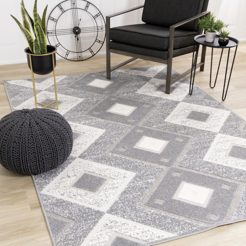 Kayliana Geometric Grey White Area Rug, Rectangle 6'7" x 8'6"