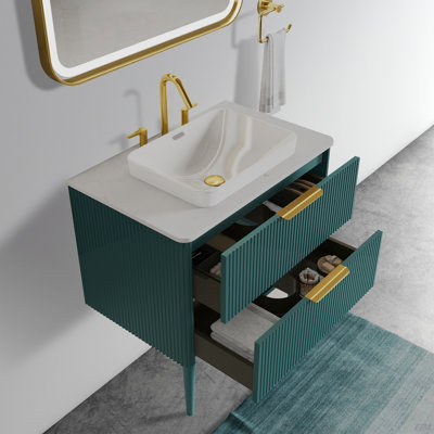 Meuble-lavabo 30 po rayé aigue-marine avec lavabo en céramique pré-assemblé