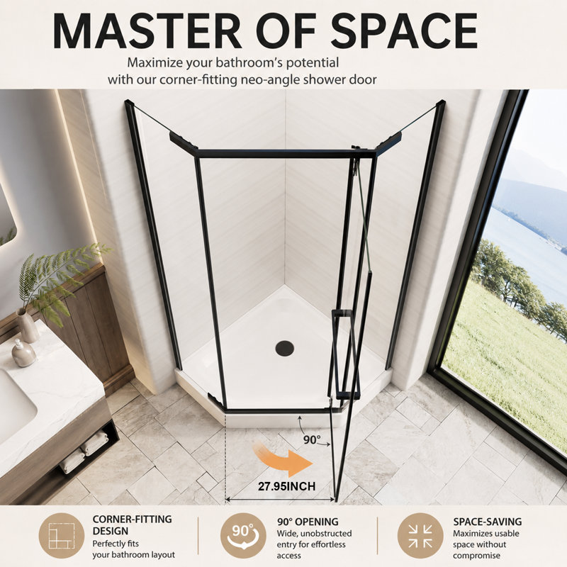 Cascada 36 W x 36 D x 72 H Neo-Angle Corner Shower Enclosure with 1/4 in. Clear Tempered Glass, Stainless Steel Frame, Safety Film & Easy-Clean Nano Coating, Base Not Included