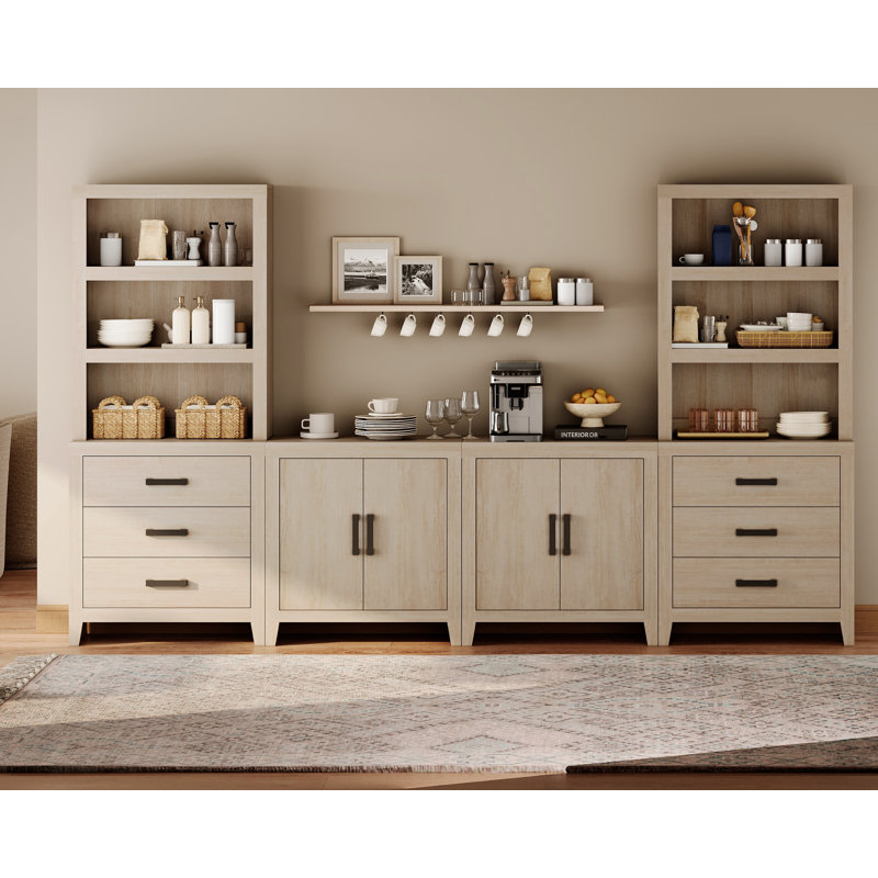 Garde-manger modulaire avec 2 tiroirs et 2 portes, buffet de rangement ouvert en bois de 74,2 po de hauteur, garde-manger Farmhouse avec tablette réglable pour la salle à manger, beige