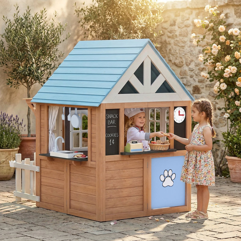 Outdoor Playhouse with Pet Door, Wooden Kids Playhouse with Play Kitchen, Mailbox, Doorbell, Birdhouse, Fence and Windows for Garden, Backyard, Indoor Playroom Pretend Play, Ages 2-5, Brown
