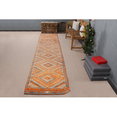 Handwoven Vintage Turkish Runner Rug With Geometric Diamond Design In Subtle Orange And Gray