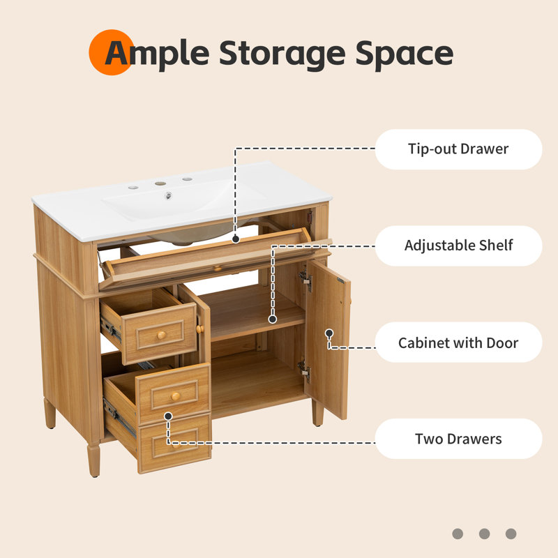 Vaimi 36" Bathroom Storage With Sink, Wood Vanity Cabinet With Flip-Out Drawer