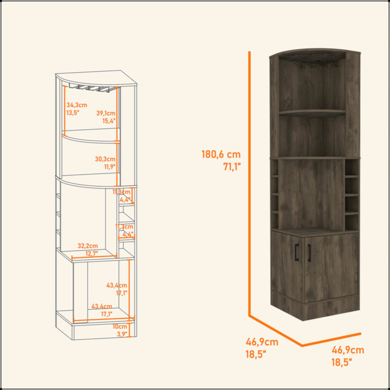 Dark Brown 8-Bottle 2-Shelf Bar Cabinet, Brown