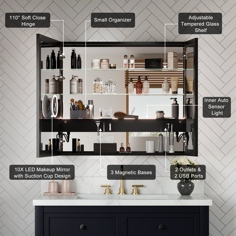 Pharmacie à cadre doré avec lumières et miroir, encastré / surface, à brancher / câblé, prises + USB, 3 couleurs / gradateur / capteur de lumière interne / désembuage, zone magnétique
