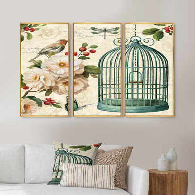 Blue Cottage Bird, Birdcage And Apple Blossoms II - Traditional Framed Canvas Wall Art Set Of 3 -  Design Art, FL31087-3P-GD