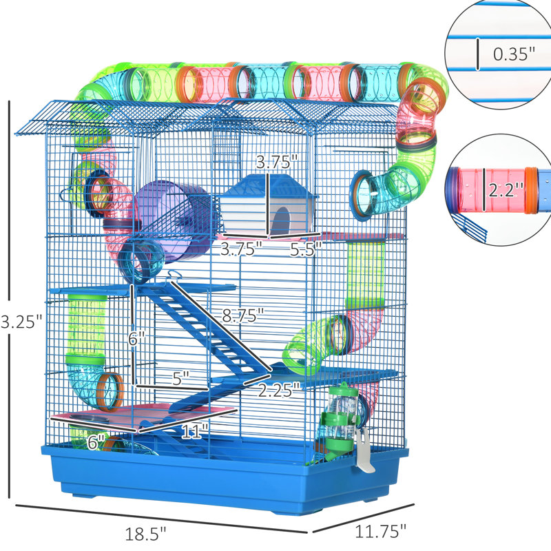 Cage à hamster 18,5 po à 5 niveaux - bleu, tubes, tunnels, plat de nourriture, bouteille d'eau, roue d'exercice, légère et ventilation