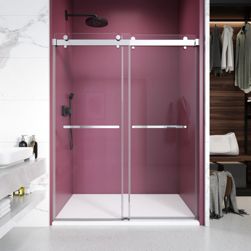 Porte de douche coulissante double sans cadre 68 "- 72" x H 76 "avec verre transparent de 3/8 pouce en chrome, Chrome
