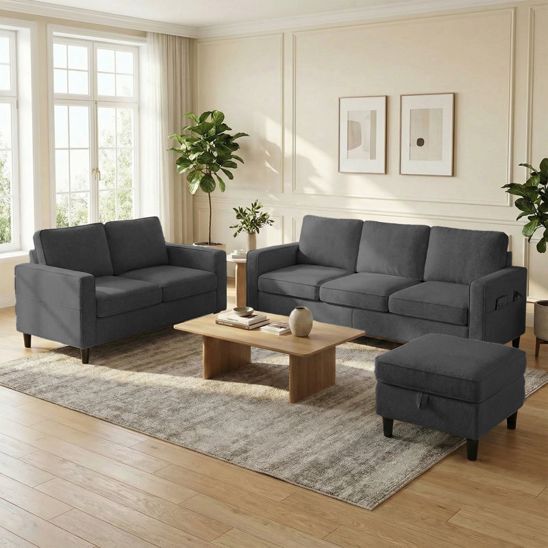 Ensemble 3 pièces en L: canapé 3 places, causeuse avec repose-pieds et poches latérales, gris foncé, Gris foncé