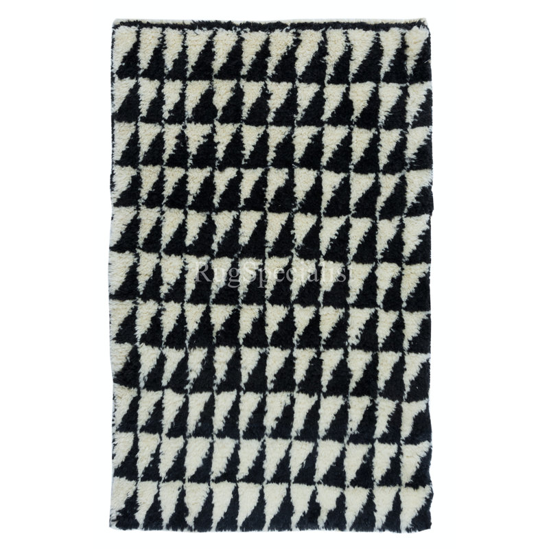 Tapis moderne fabriqué à la main en laine noire et beige, petit tapis à poils longs Triangle