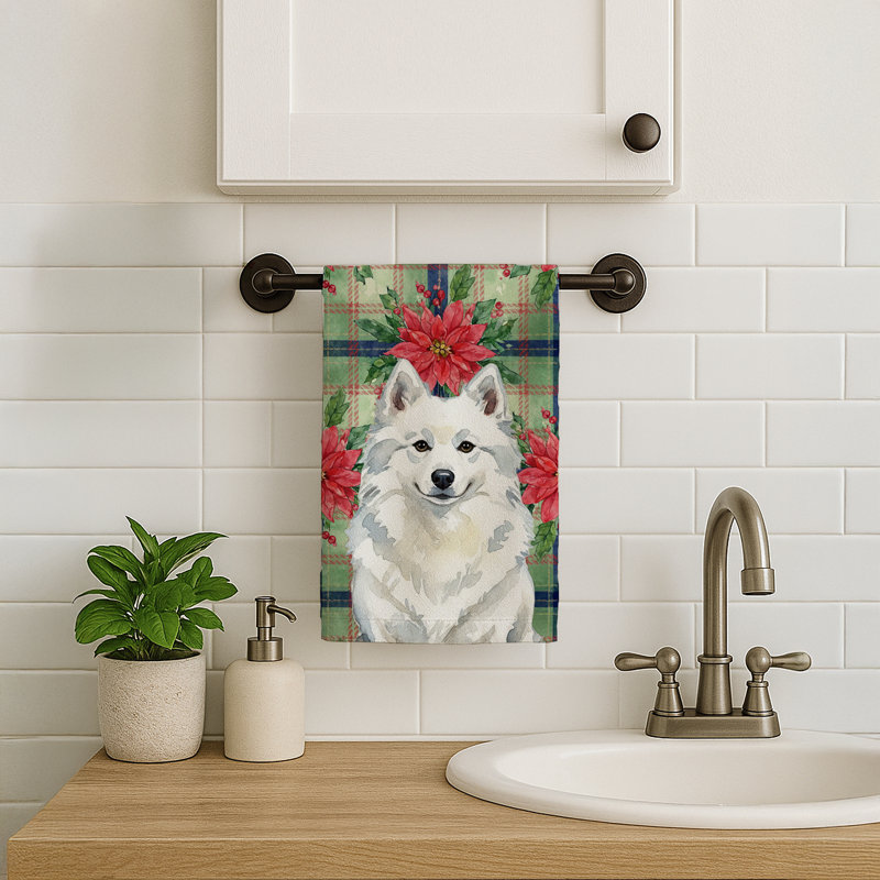 American Eskimo Christmas PoinsettIas Kitchen Towel, White American Eskimo