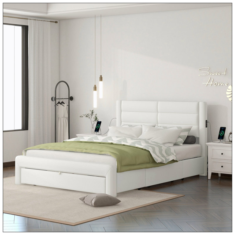 Upholstered Platform Storage Bed, White