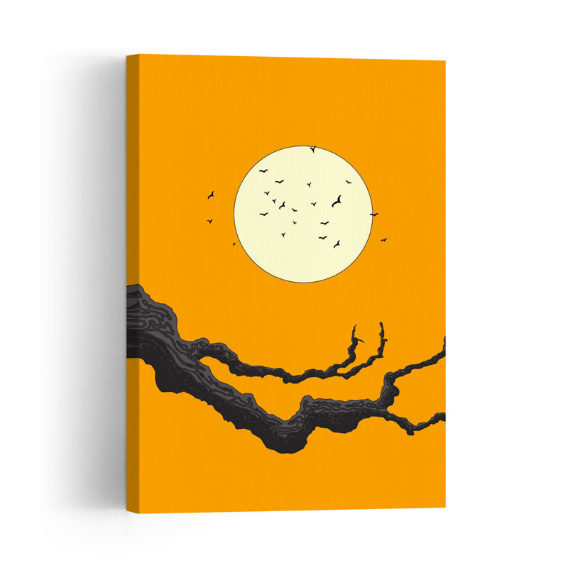 Vol lunaire fantomatique, chauve-souris, oiseau, paysage d'automne, affiche murale minimaliste et abstraite, 18" H x 12" W