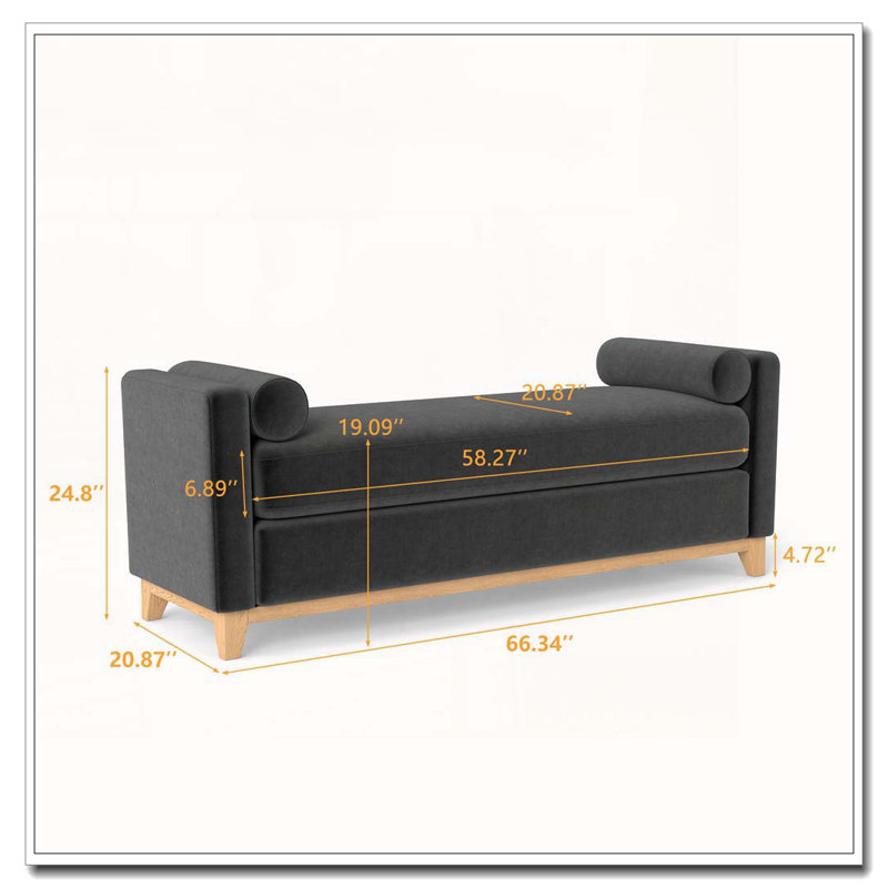 Solid Wood Upholstered Bench, 66.34 inch, Black+Natural