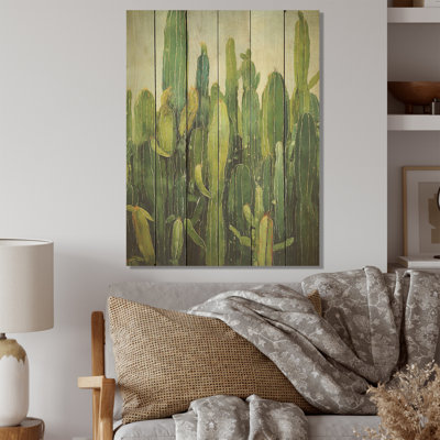 Collage de contour vert cactus - Art mural en bois de cactus sur bois de pin naturel