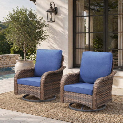 Set of 2 Outdoor 360° Swivel Glider Patio Chairs, UV Resistant Hand Woven Resin Wicker Rocking Chairs with Washable Fade-Proof Polyester Cushions, Rustproof Powder Coated Steel Frame Supports 350 LBS for Porch Balcony Backyard Garden