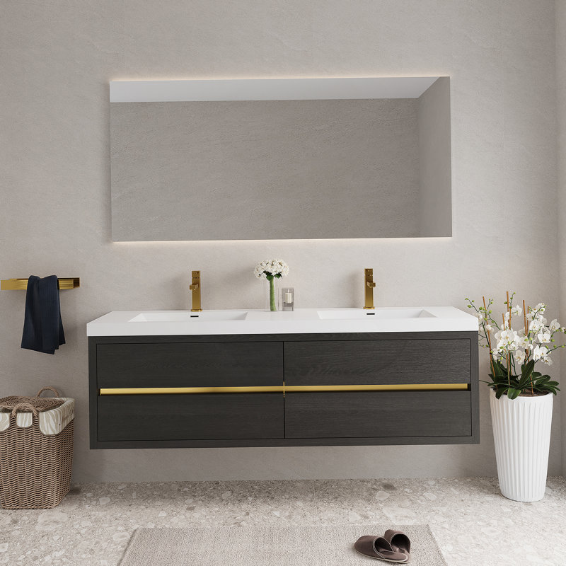 Meuble-lavabo mural avec lavabo, armoire de rangement flottante avec comptoir et tiroirs à fermeture douce, idéal pour l'organisation de la salle de bain