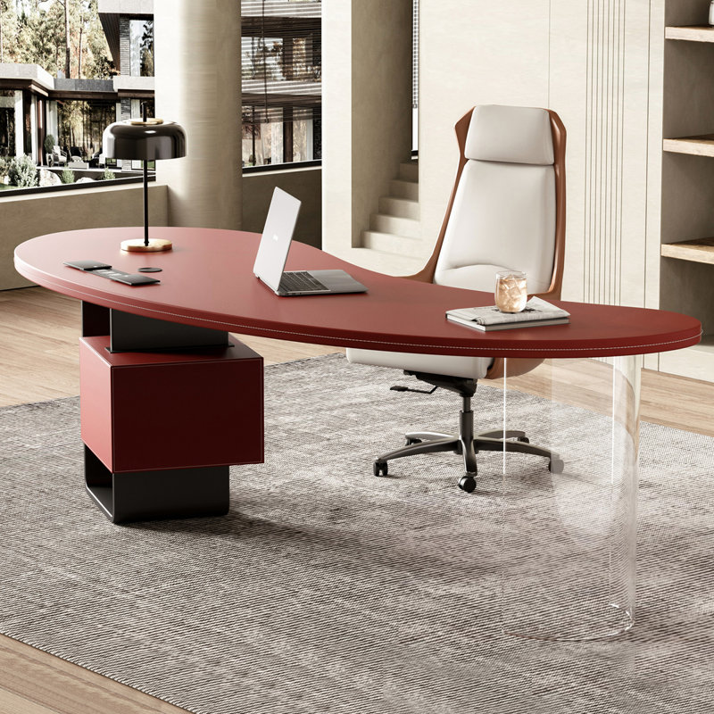 Bureau 2 tiroirs rouge + noir + bois franc incurvé + acier Barenia + acier + acrylique, H 29,53 po x l 86,61 po x P 30,31 po