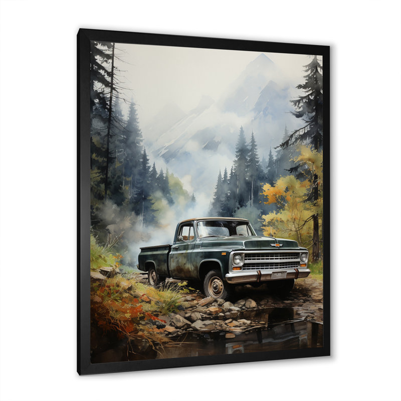Yadelyn Green Pickup Truck Misty Mountains II sur toile, H 20 po x l 12 po x P 1 po, Cadre photo noir