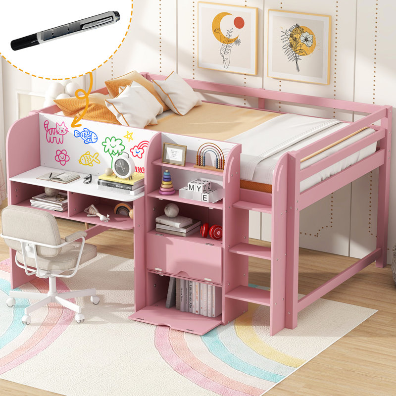Pink Full Size Low Loft Bed With Integrated Desk, Open Bookcase, Storage Cabinets, Features And Space - Saving Bedroom Solution In Pink, Built Under Storage, Whiteboard, Marker Pen Safe Environment