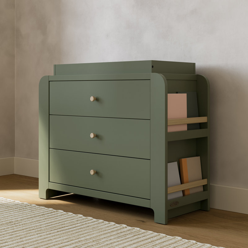 Read-With-Me 3 Drawer Chest With Bookshelves And Removable Changing Topper, Olive/Driftwood