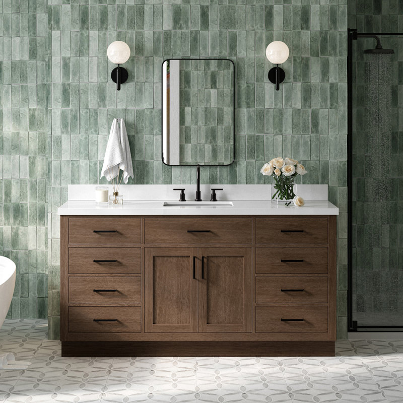 Thornaby 66'' Solid Wood Single Bathroom Vanity with 1.5'' White Quartz Top, Rectangular, Brown Oak