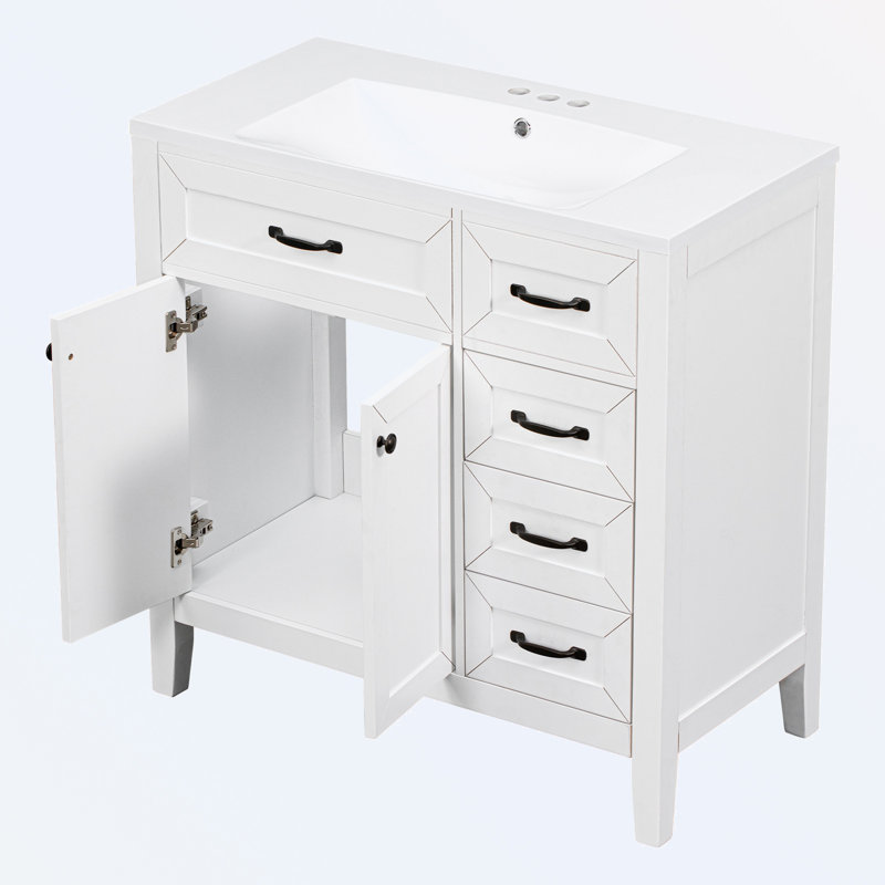 Ensemble de meuble-lavabo avec lavabo, cinq tiroirs et une armoire, Blanc
