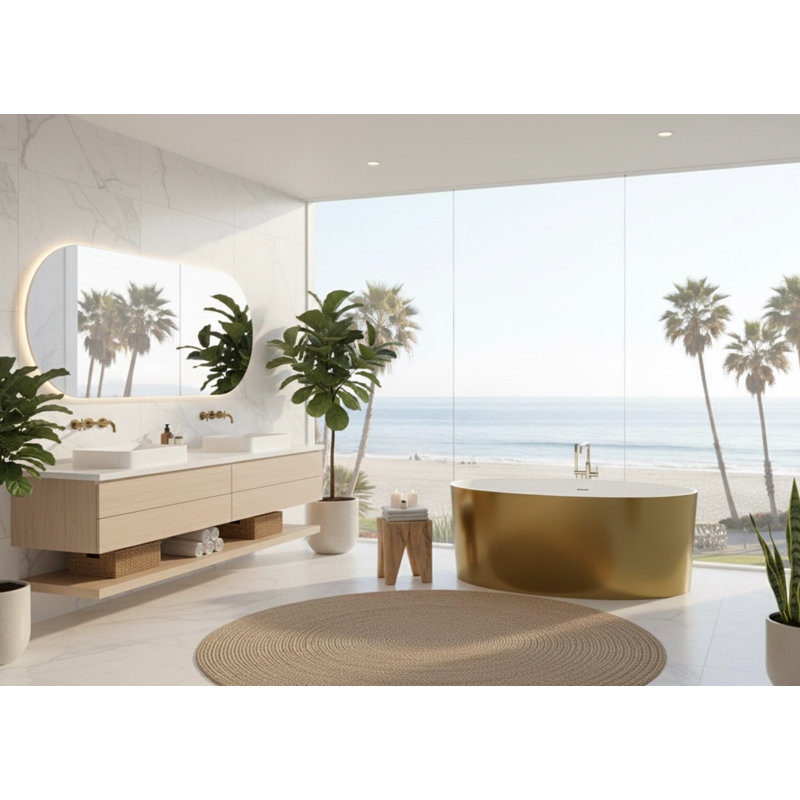 Vast Studio 58.9” Aged Brass/White Freestanding Round Bathtub –  Deep Soaking Tub with Minimalist Spa-Inspired Modern Design & Seamless Matte Luxury Finish