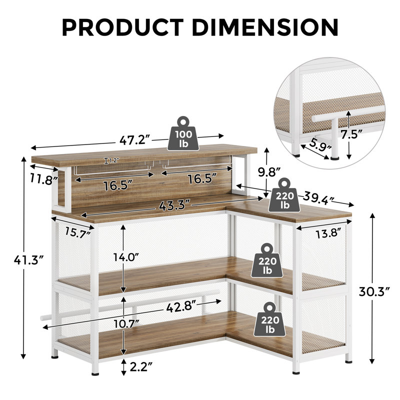 L-Shaped Home Bar Unit With Stemware Racks And LED Light, Bar Table With Storage