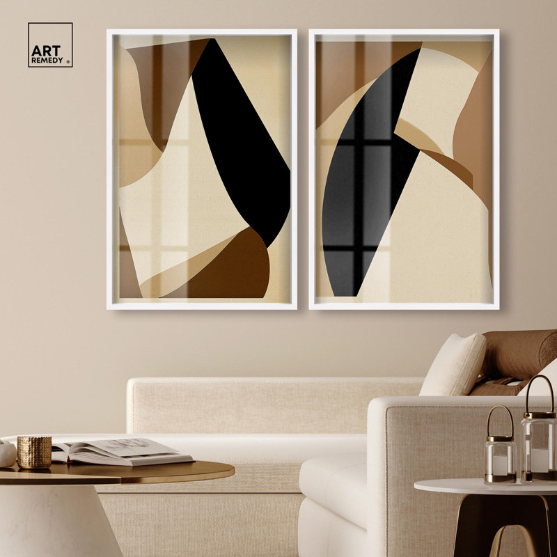 Desert Forms Duo Shadowbox Print Abstract Boho Art Set by Art Remedy, Black Frame, 10 x 15, 55" H x 37" W, Blonde Frame