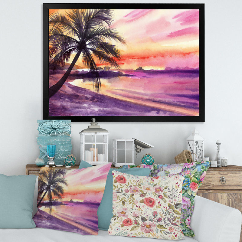 «Pink and Purple Palm Beach Sunset», reproduction sur toile, Toile avec cadre noir, H 30 po x l 40 po x 1,5 po