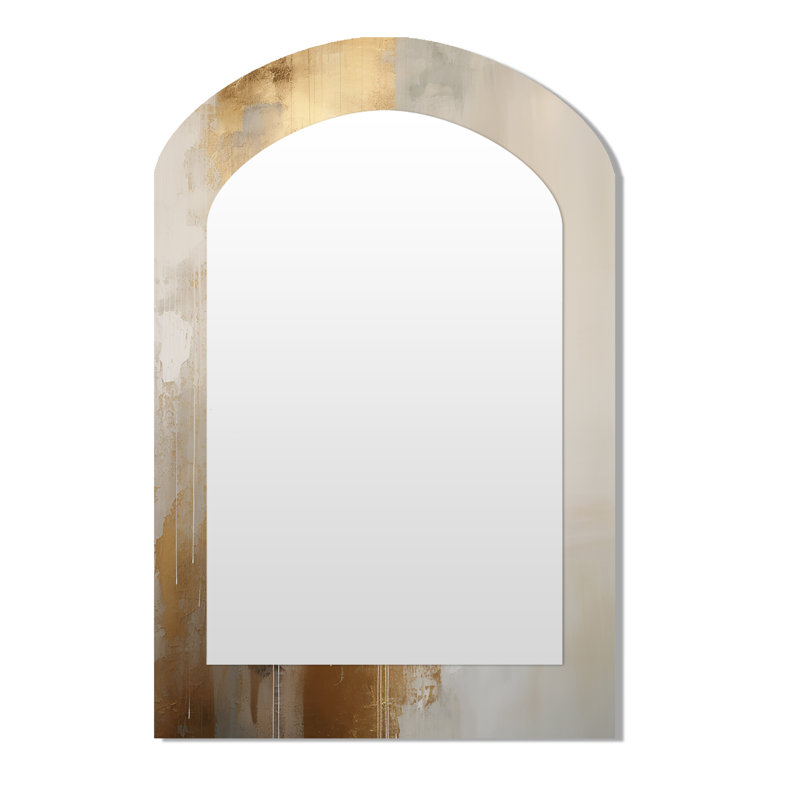 Minimal Gold And Beige Abstract River IV - Northern Lights Arch Decorative Wall Mirror, Traditional Asymmetrical Mirror, Printed Metal Art