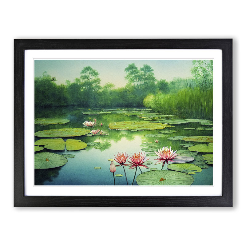 Lily Pond Watercolour Vol.1 - Single Picture Frame Print, 25cm H x 34cm W, Black
