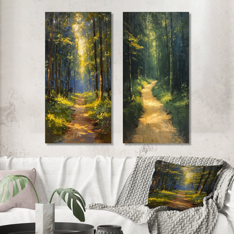 Sentier vert et jaune dans un bois murmurant l'été I - ensemble d'art mural forêt, H 40 po x l 40 po, Toile tendue sur cadre