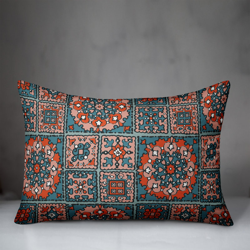 Geometric Blue and Orange Folk-Inspired Lumbar Pillow