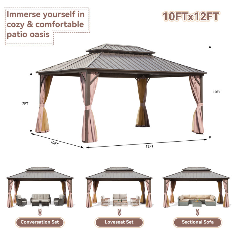 Pavillon de jardin en aluminium avec toit rigide et double toit: protection durable et design élégant, 10 pi x 12 pi