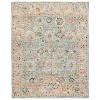 Samarkand Hand Knotted Wool/Cotton Oriental Rug in Light Blue/Sage/Brown