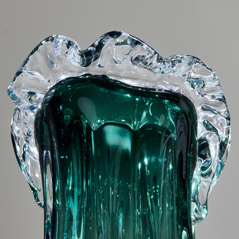 Hand-blown gradient glass vase with ruffled edges, sculptural vase, art glass table vase.