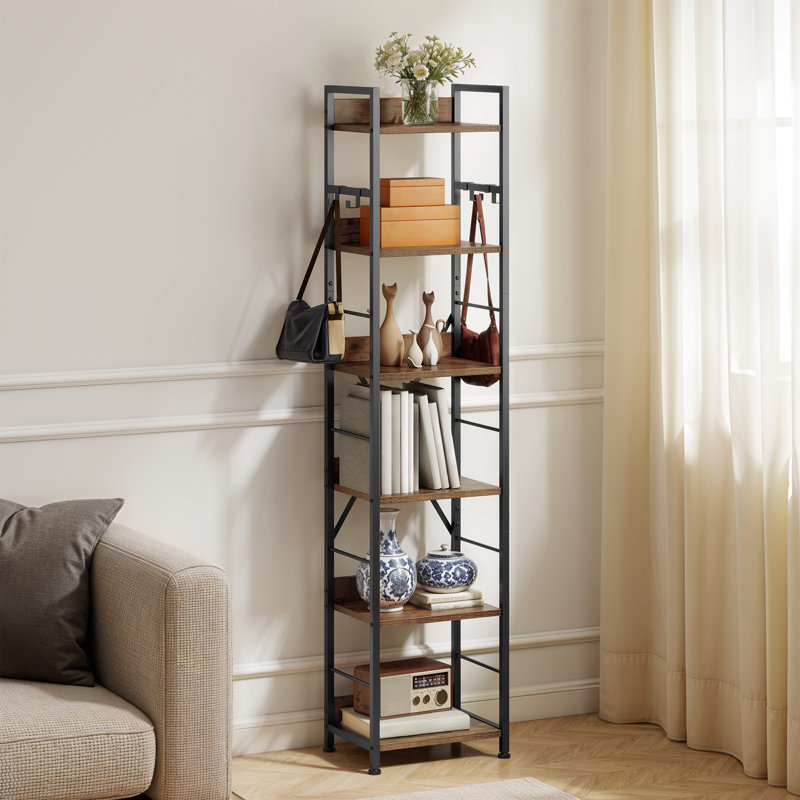 17 Stories 6-Tier Floor Standing Bookcase With 4 Hooks, Brown