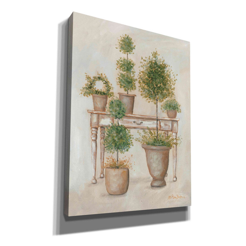 «Potting Bench & Topiaries II» par Pam Britton, art mural sur toile, H 16 po x l 12 po x P 0,75 po