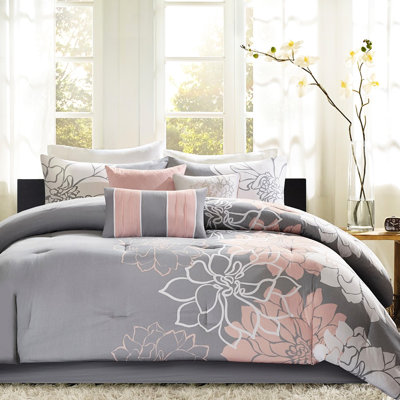 Literie en coton très grand imprimé gris / pêche - magnifique motif floral, 15 pouces pour coussins décoratifs lavables à la machine