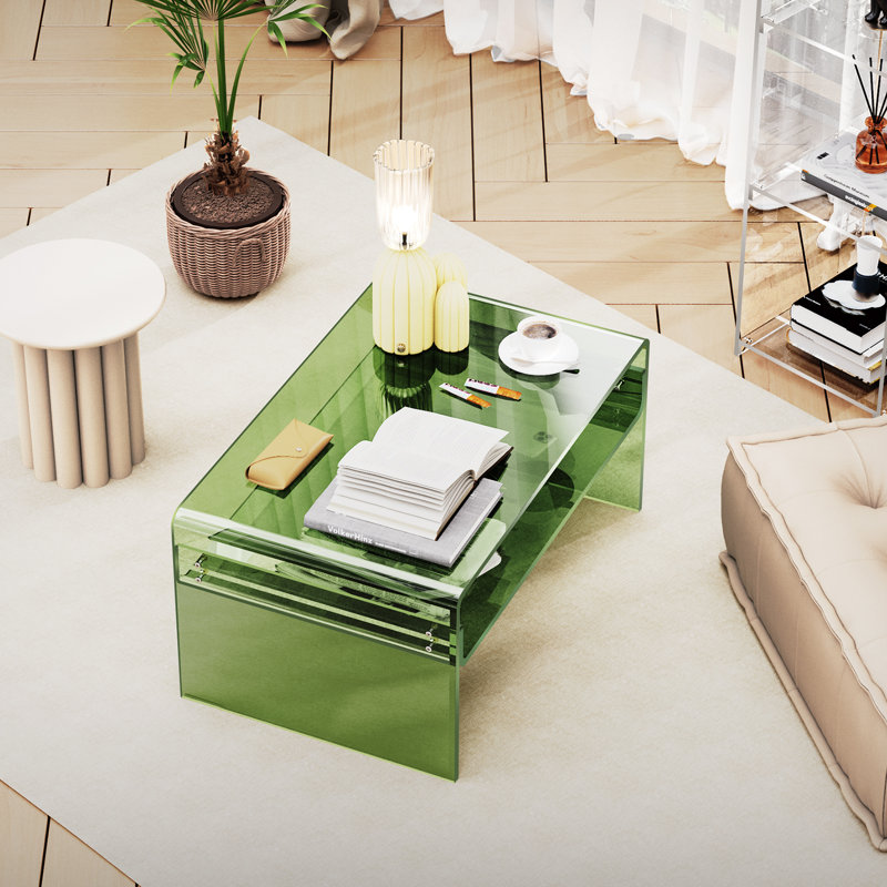 Large Green Acrylic Coffee Table with Open Storage Shelf